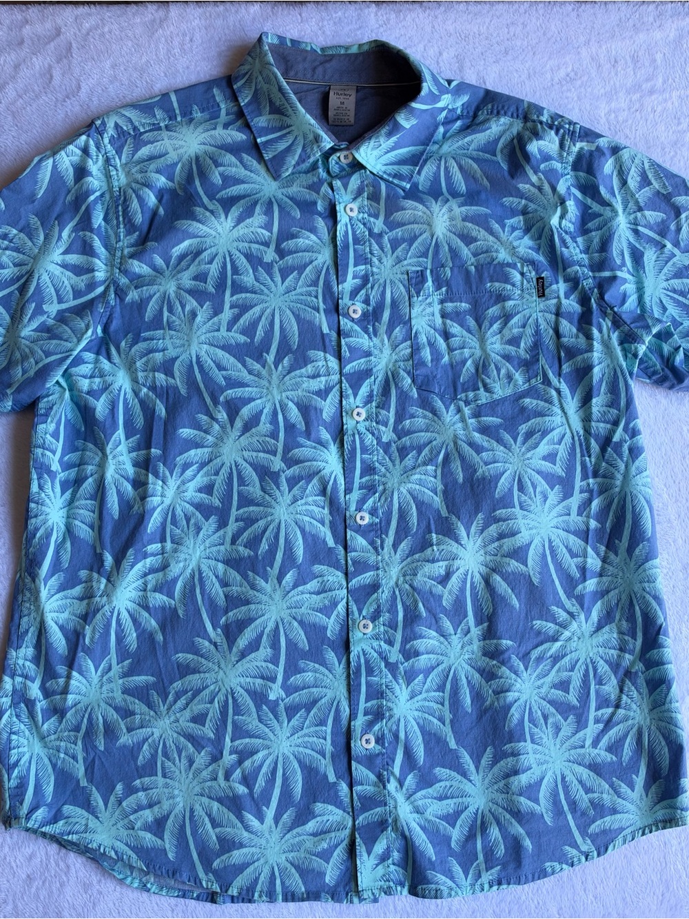 Hurley Shirt Mens M Blue Palm Tree Print Short Sleeve Button Down Pocket